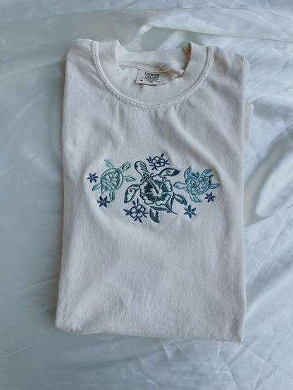 Tropical Turtles Embroidered Crewneck Tee