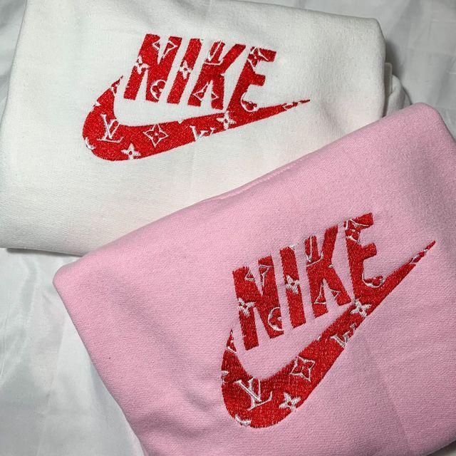 Layout of the LV Nike crewneck sweatshirts with red embroidery.