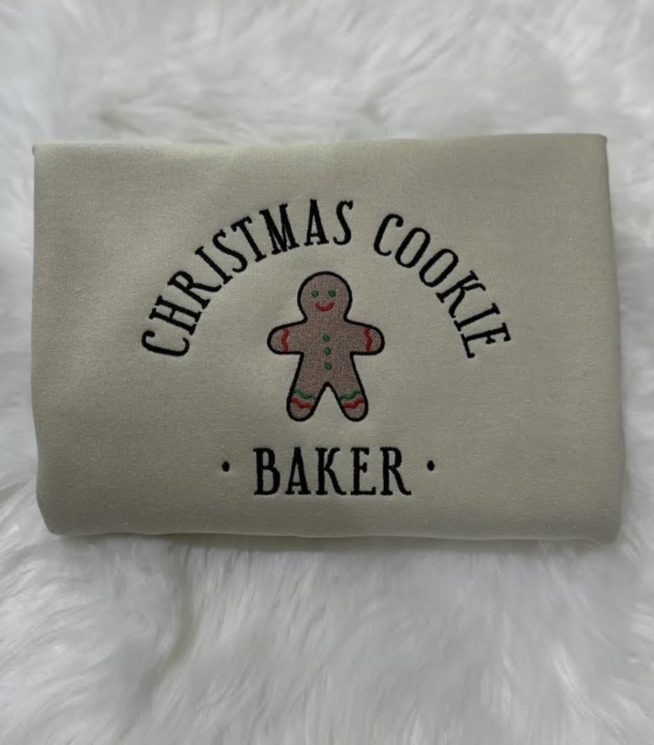 cute christmas gingerbread cookie baker embroidered crewneck sweatshirt