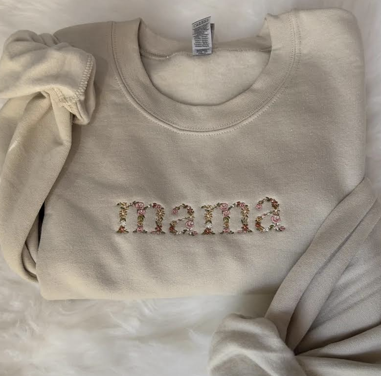 Mama Custom floral Neutral Embroidered Sweatshirt