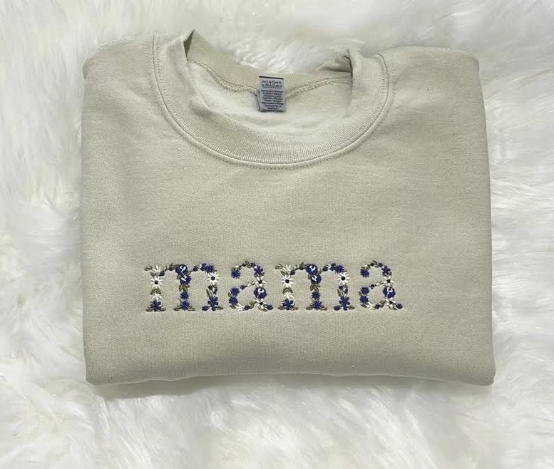 Mama Custom floral Neutral Embroidered Sweatshirt