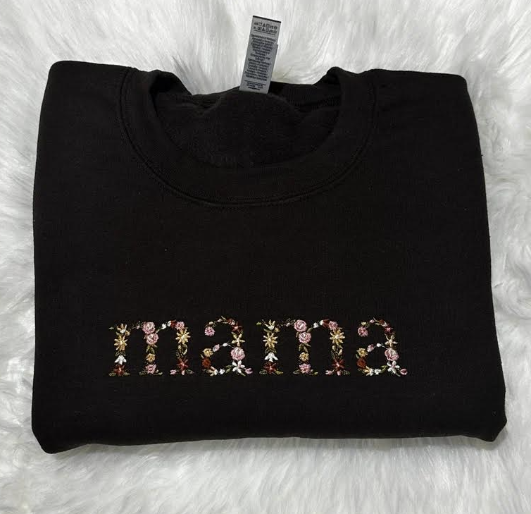 Mama Custom floral Neutral Embroidered Sweatshirt