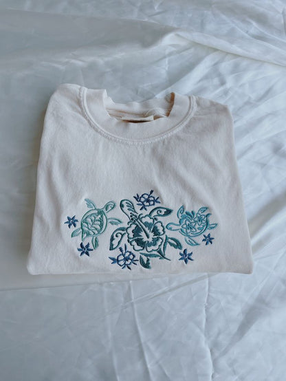 Tropical Turtles Embroidered Crewneck Tee