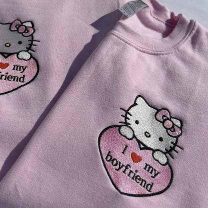 pink hello kitty hk embroidered sweatshirt i love my boyfriend girlfriend